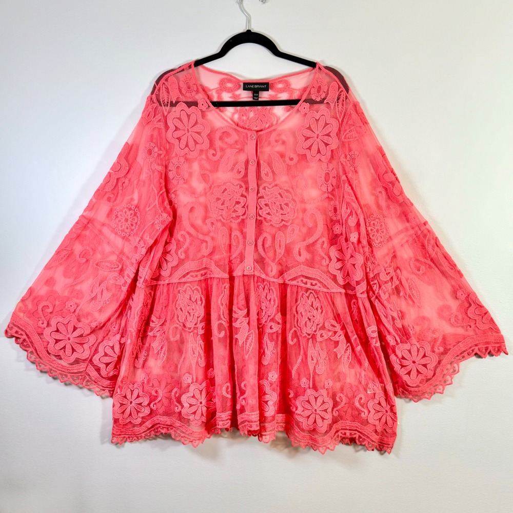 Lane Bryant Coral Pink Embroidered Lace Tunic Top Boho Bell Sleeve Sz 22 24 3XL